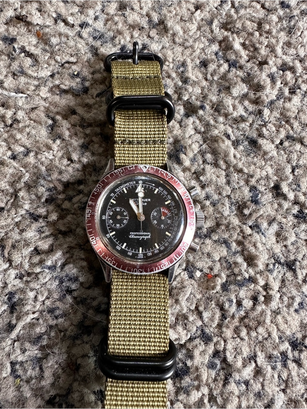 Black Dial Chronograph Watch on Olive Green Strap